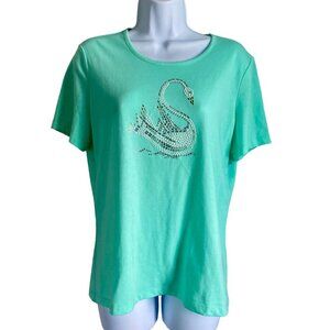 Coral Bay Petite PM Short Sleeve Top With Rhinestone Swan Design NEW
